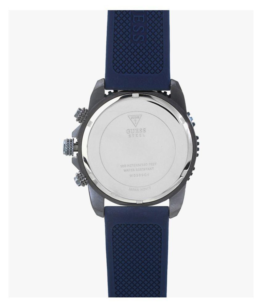 Guess chronograph watch caseback showing stainless steel back with engraved text and silicon strap