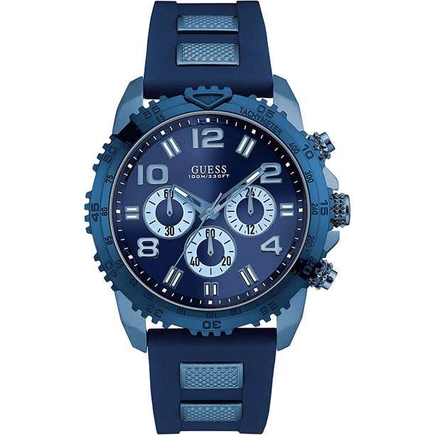Guess blue chronograph men's watch with blue dial and dark navy silicon strap