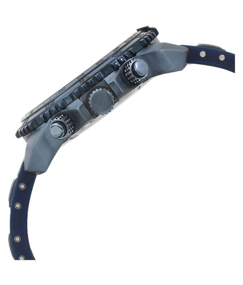 Side view of Guess chronograph watch showing case profile and silicon strap detail
