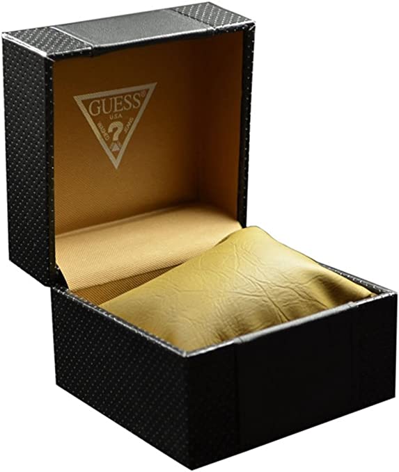 Guess W0601G2 watch box opened showing gold interior and Guess triangle logo