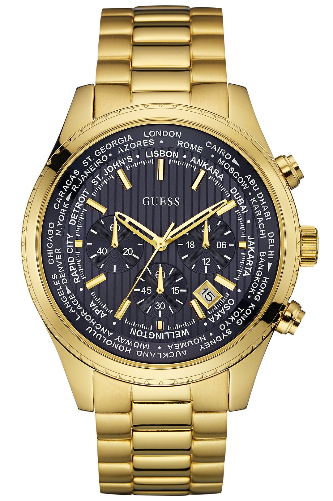 Guess W0602G1 gold stainless steel men's chronograph watch with blue dial and world time bezel