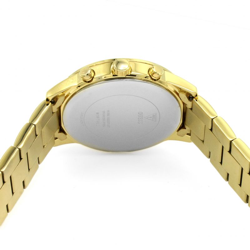 Guess W0602G1 watch caseback view showing stainless steel case with engraved details