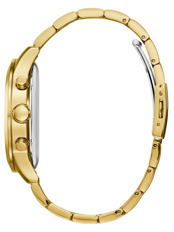 Guess W0602G1 watch shown in profile with gold stainless steel three-link bracelet