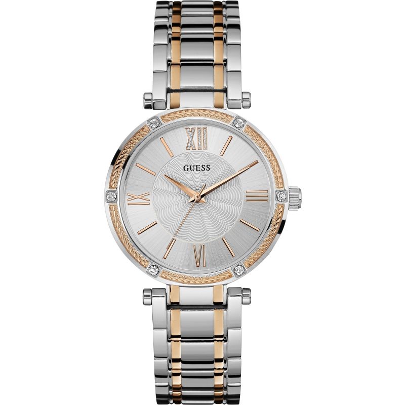 Guess diamond two-tone ladies watch with silver dial and Roman numerals
