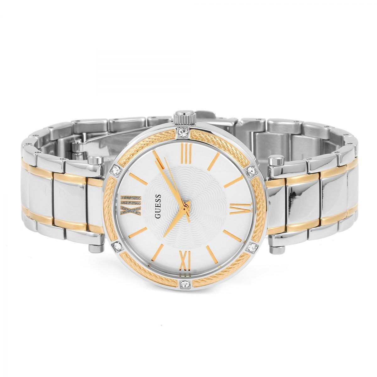 Two-tone stainless steel and rose gold bracelet on Guess ladies watch with diamond bezel