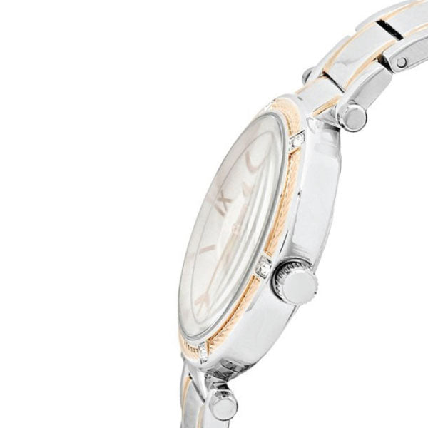 Side profile of Guess W0636L1 watch showing two-tone case and bracelet design
