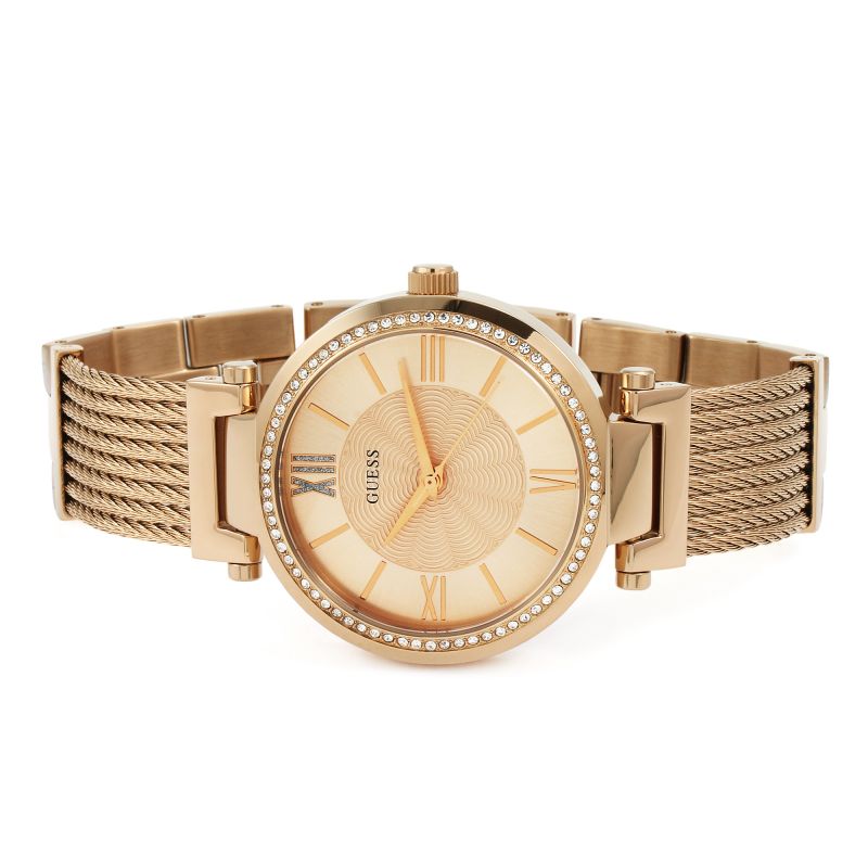 Rose gold ladies watch with diamond bezel and mesh-link bracelet, angled view