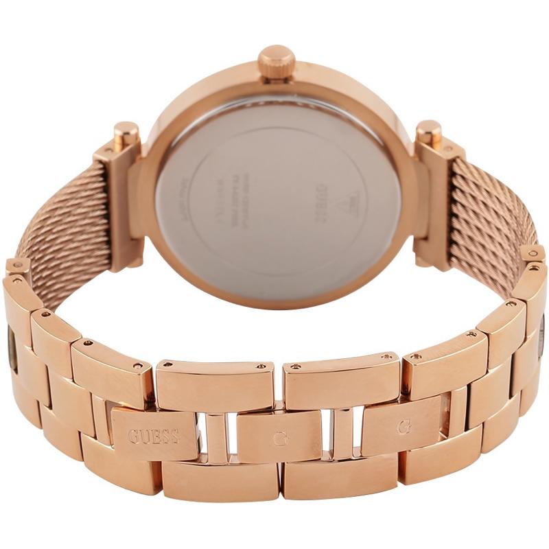 Guess rose gold watch caseback with engraved branding and dual bracelet attachment