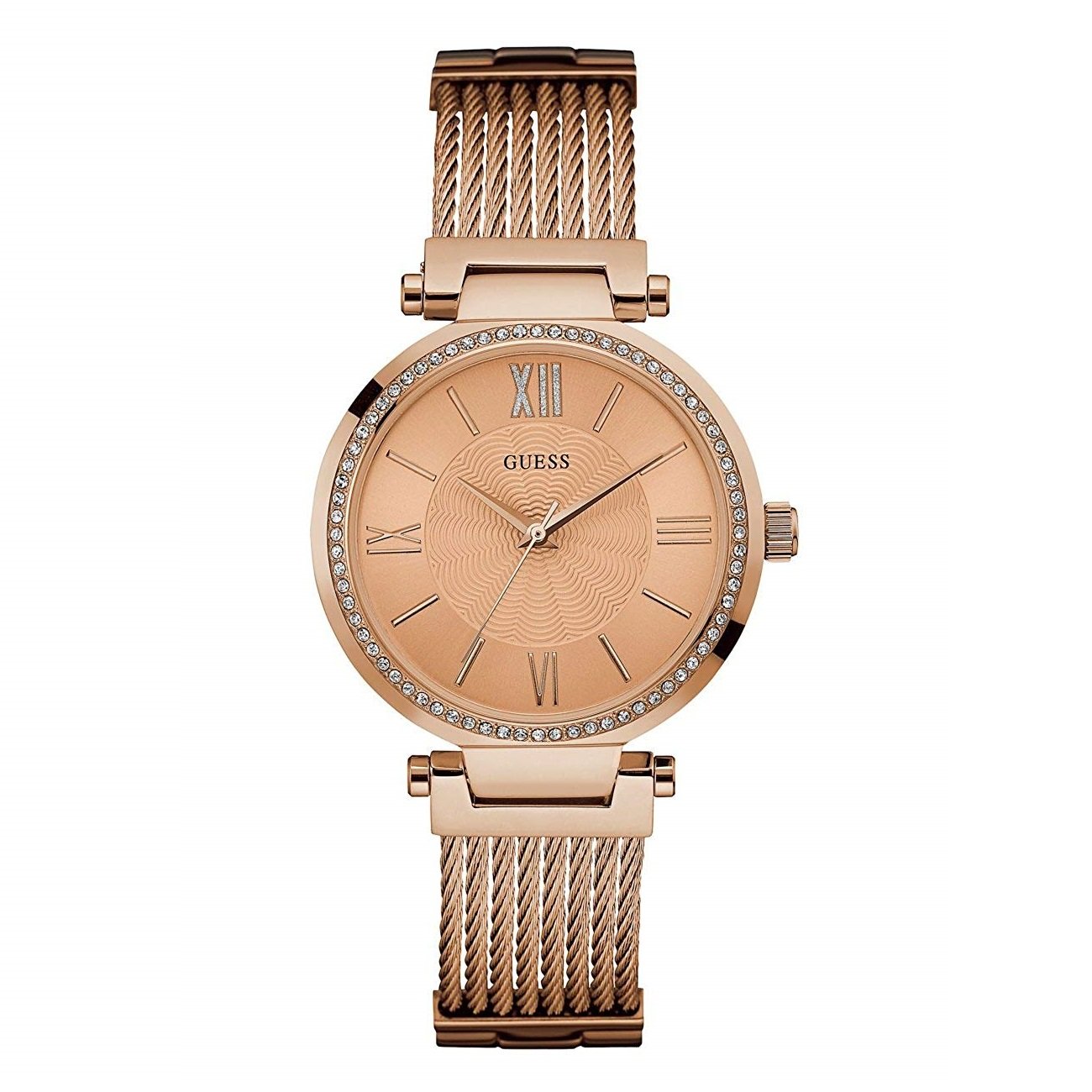 Guess diamond rose gold ladies watch with crystal bezel and mesh bracelet, front view