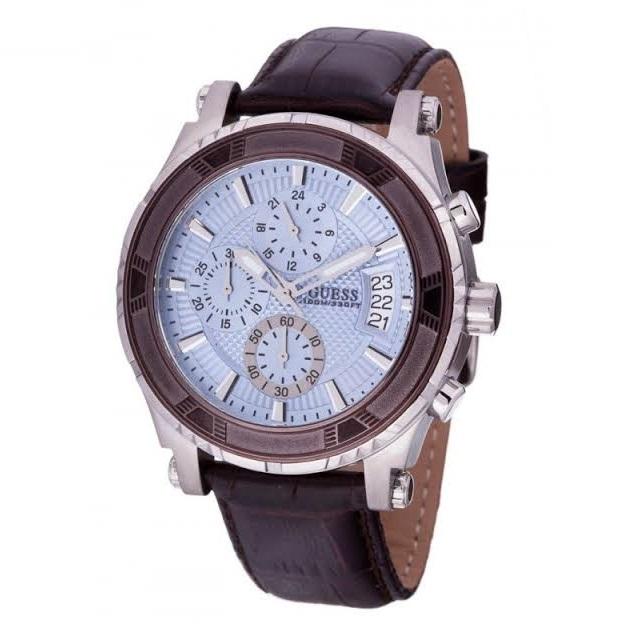 Guess chronograph men's watch with light blue dial and dark leather strap