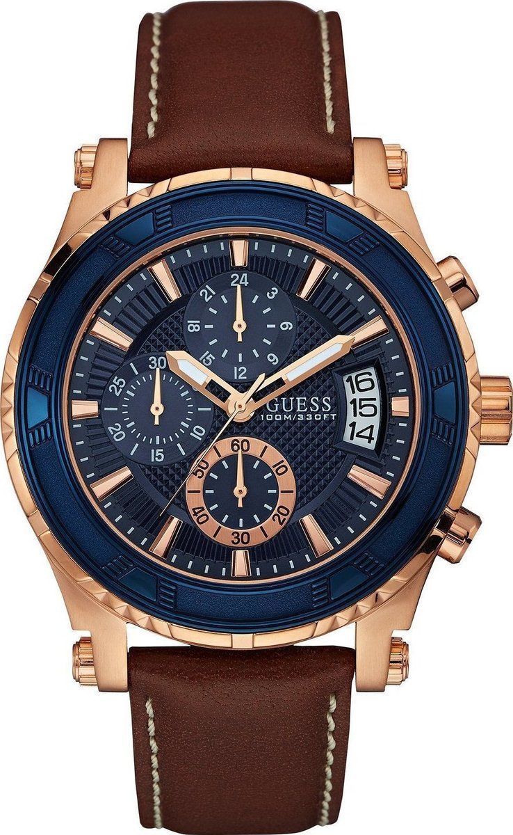 Guess navy round quartz men's watch with rose gold case and brown leather strap