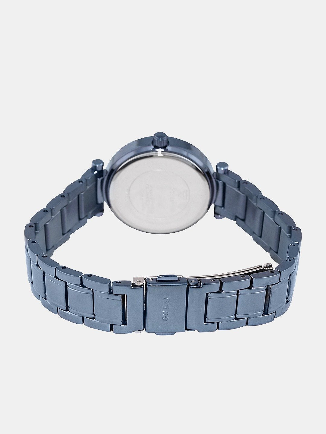 Case back view of Guess women's watch showing blue stainless steel bracelet