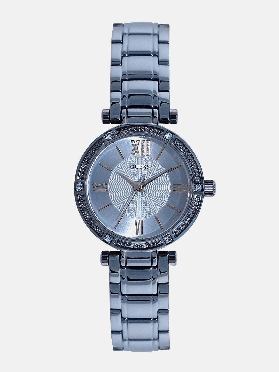 Guess analog blue dial women's watch with crystal-accented bezel and blue stainless steel bracelet