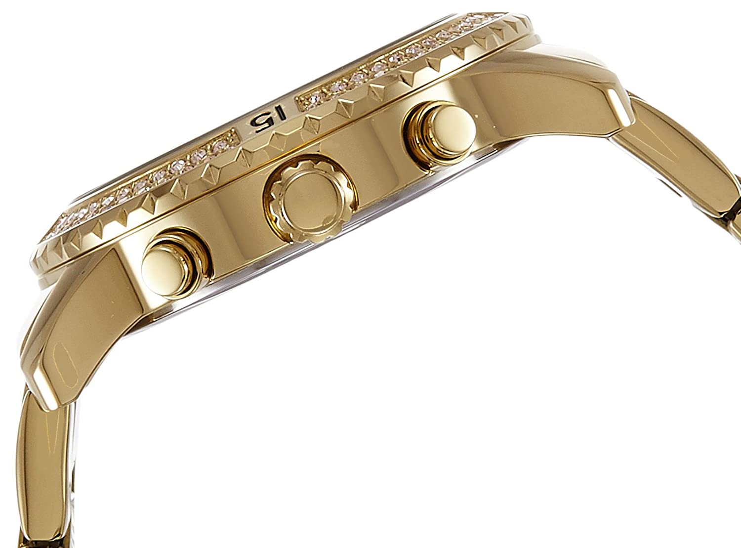 Side view of Guess watch showing gold-tone case profile with crystal-set bezel and pushers