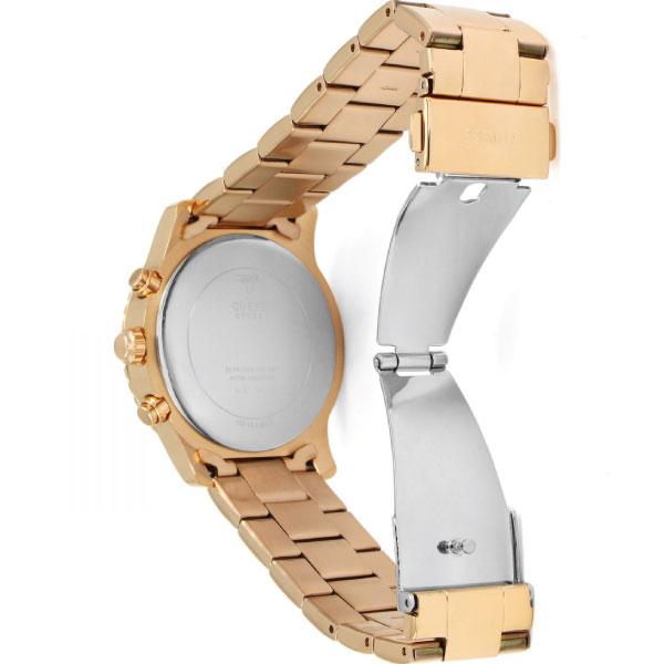 Rose gold chronograph watch showing side profile with caseback and rose gold metal bracelet