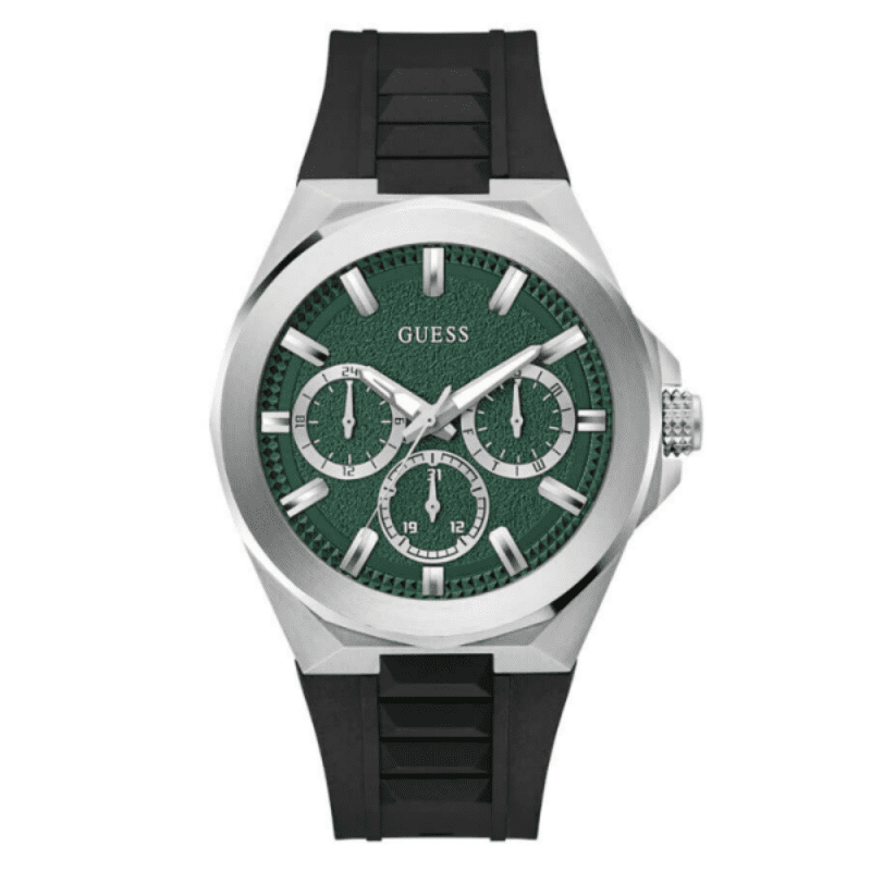 GUESS W0799G3 black silver chronograph men's watch with green dial and black rubber strap