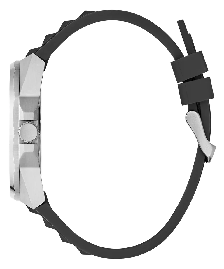 GUESS W0799G3 side profile displaying silver case and black rubber strap