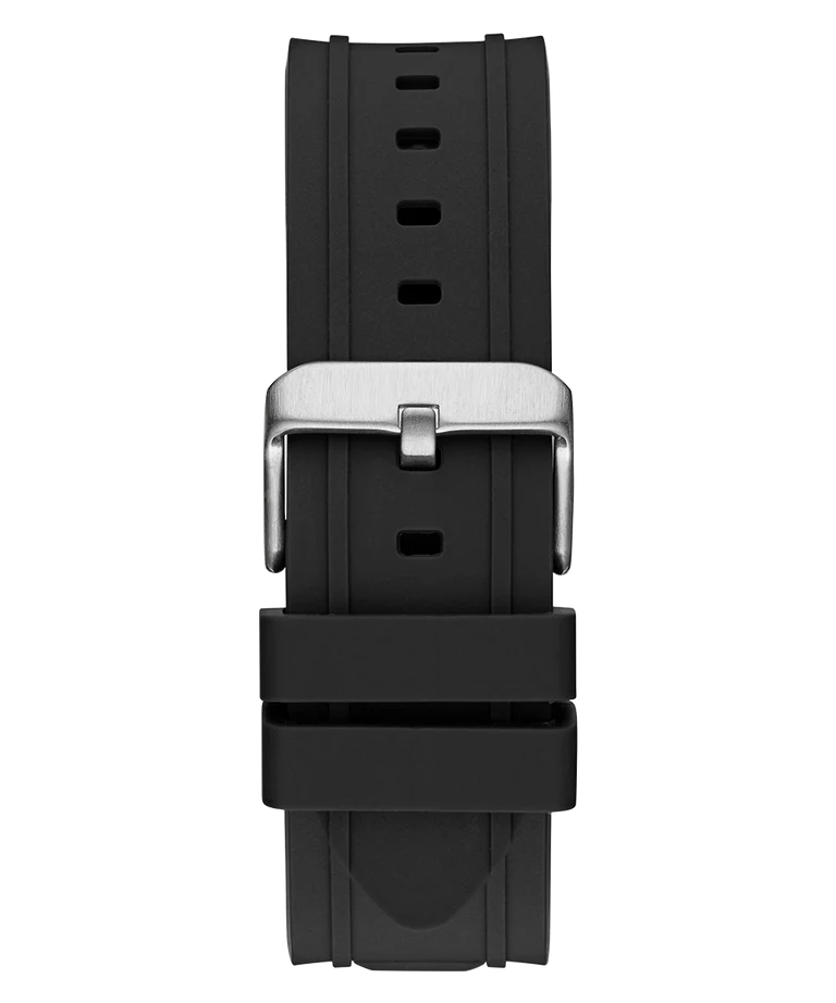 GUESS W0799G3 black rubber strap with silver tone fold-over clasp and deployment buckle
