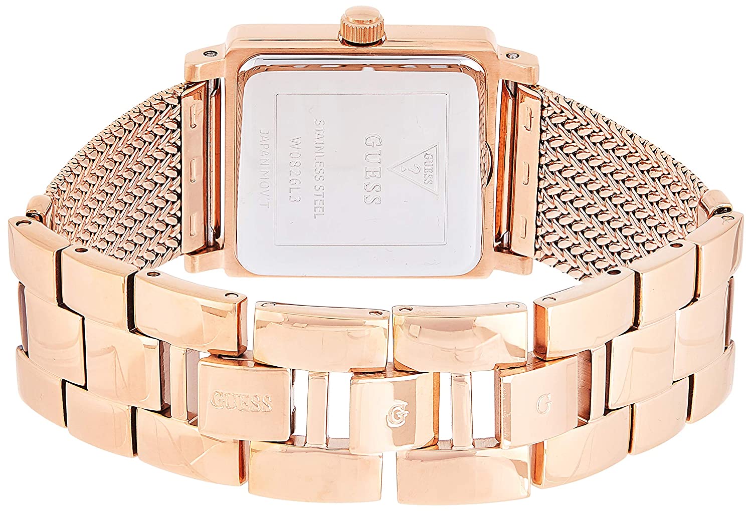 Caseback view of Guess W0826L3 rose gold watch showing square case design and mesh band