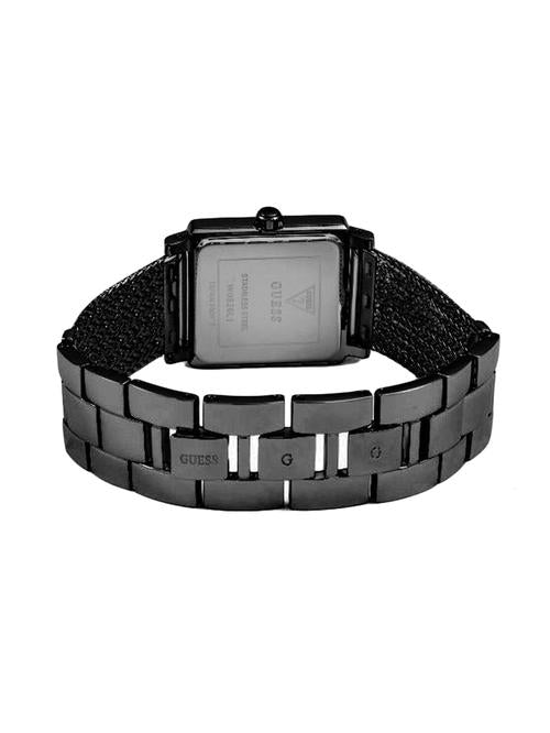 Guess W0826L4 women's watch displayed on wrist showing black mesh strap and case back detail