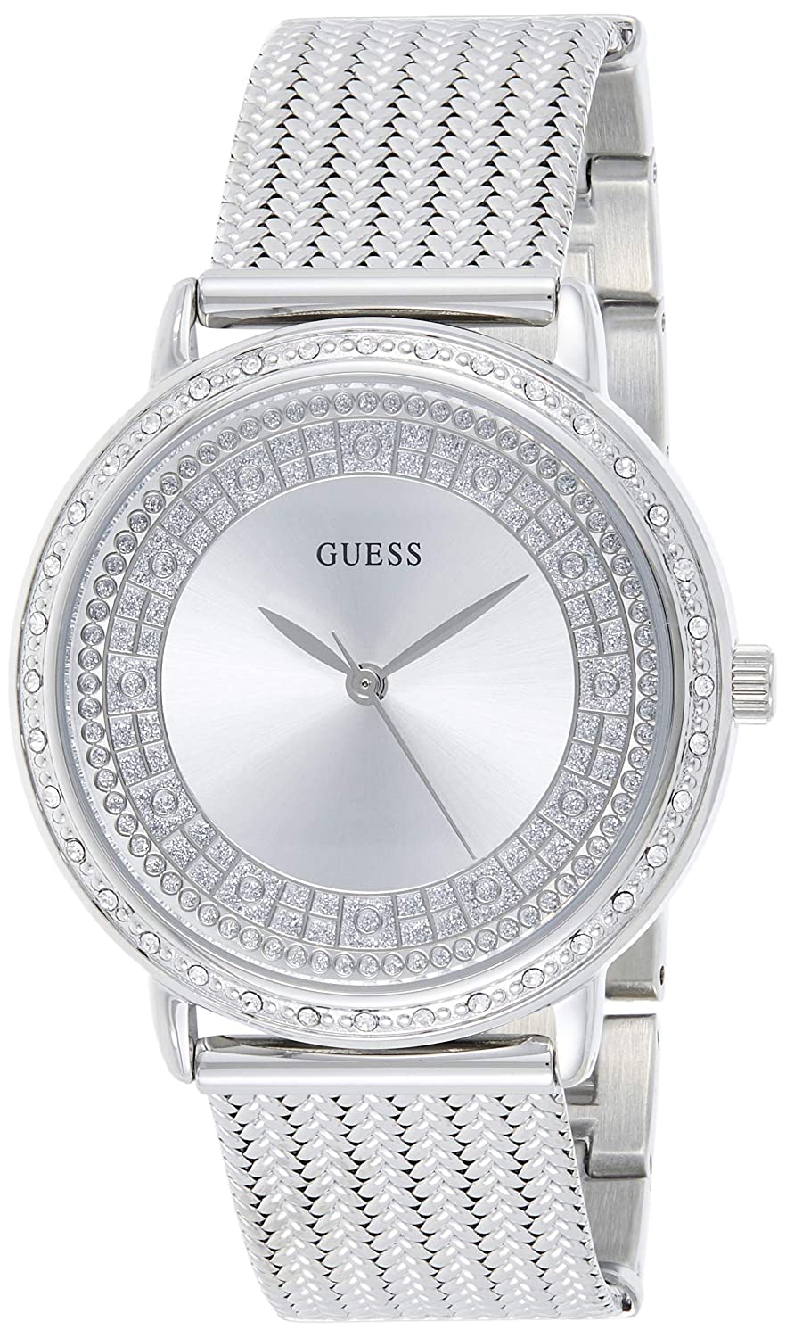 Guess analog women's watch with silver dial and crystal-embellished bezel on mesh strap
