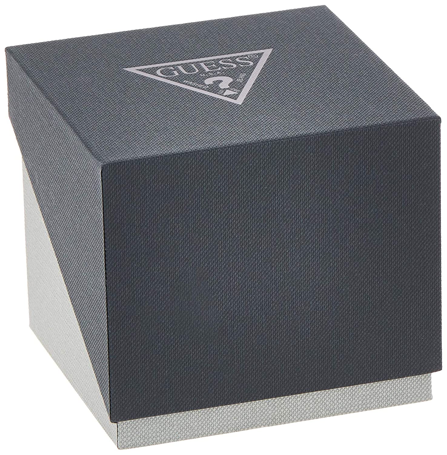 Guess branded watch box with triangle logo on dark gray packaging