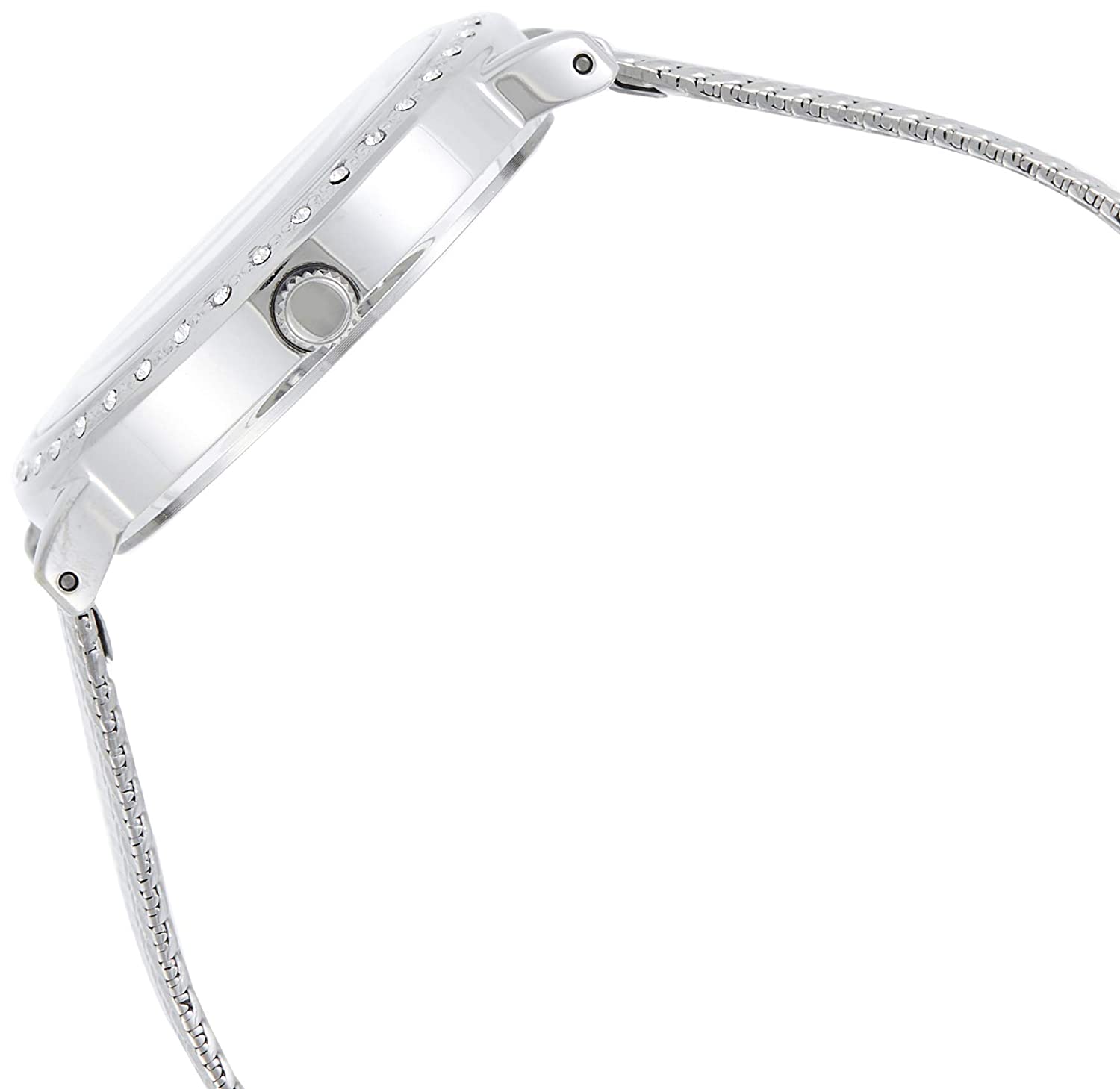 Side view of Guess women's watch displaying silver case profile and mesh strap