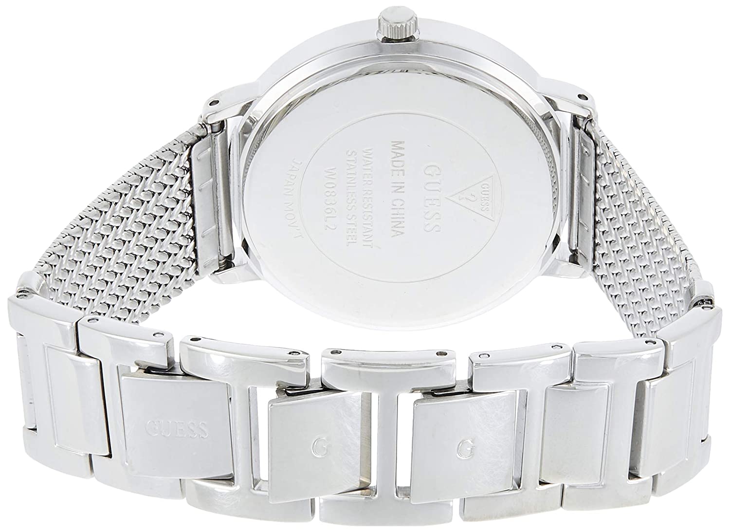Guess W0836L2 watch caseback showing silver-tone case with mesh strap