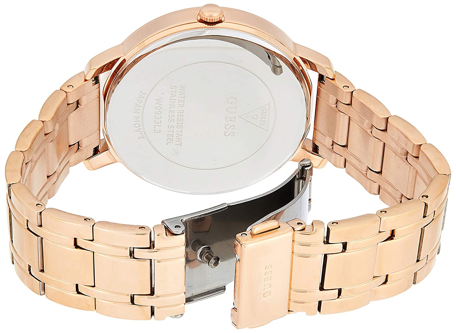 Rose gold bracelet strap and caseback of Guess women's watch