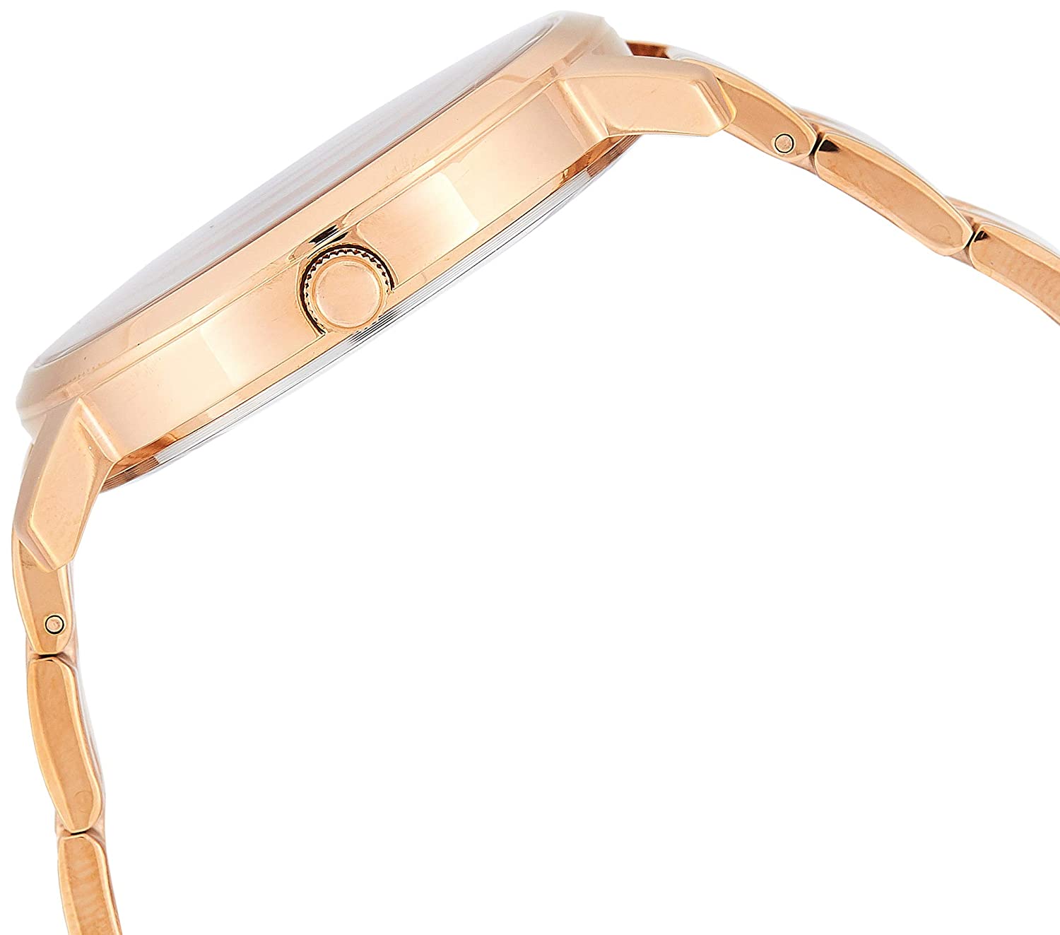 Side profile of rose gold Guess watch showing case thickness and crown