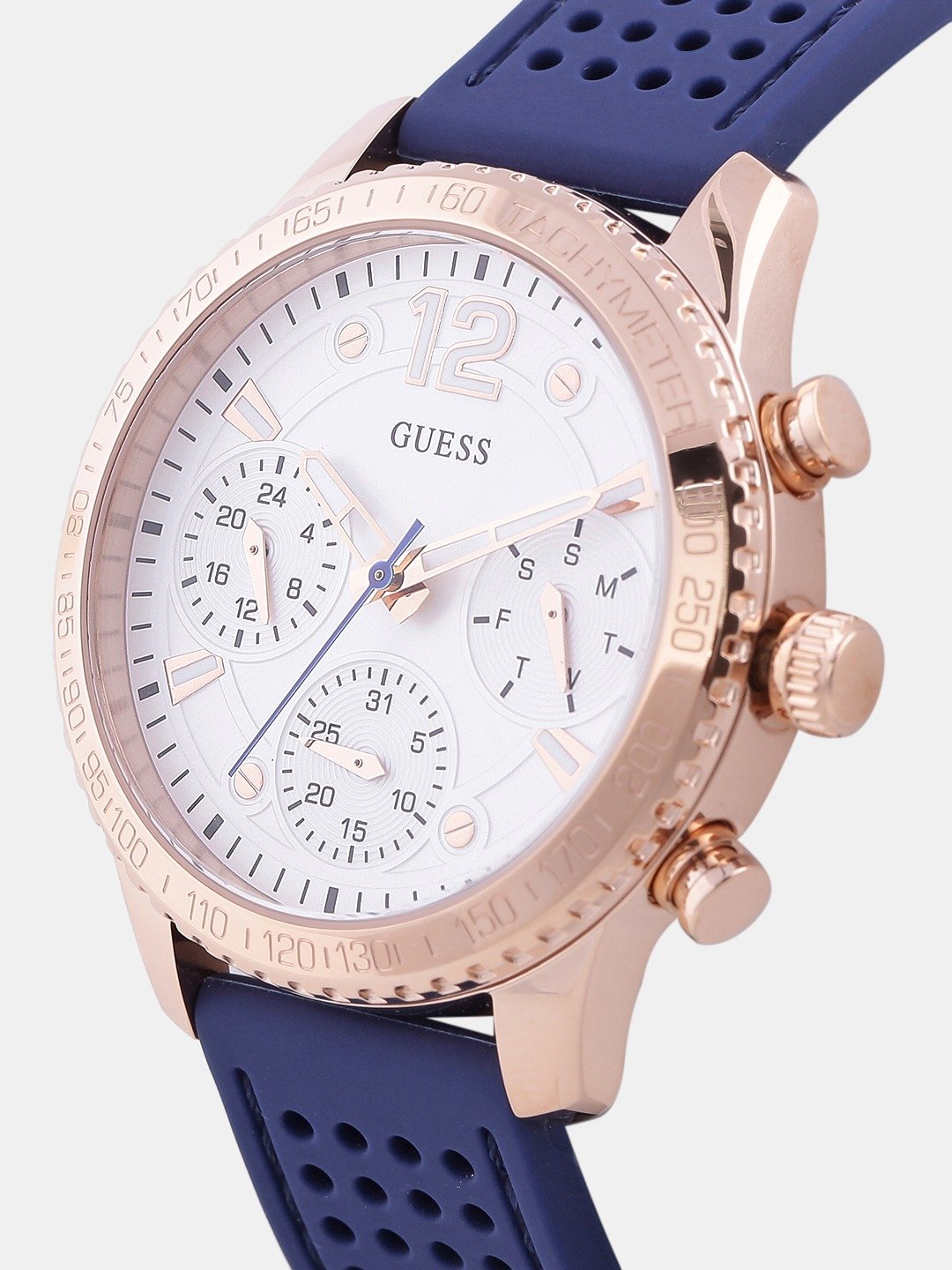 Angled view of Guess W1025L4 chronograph watch showing white dial and rose gold bezel