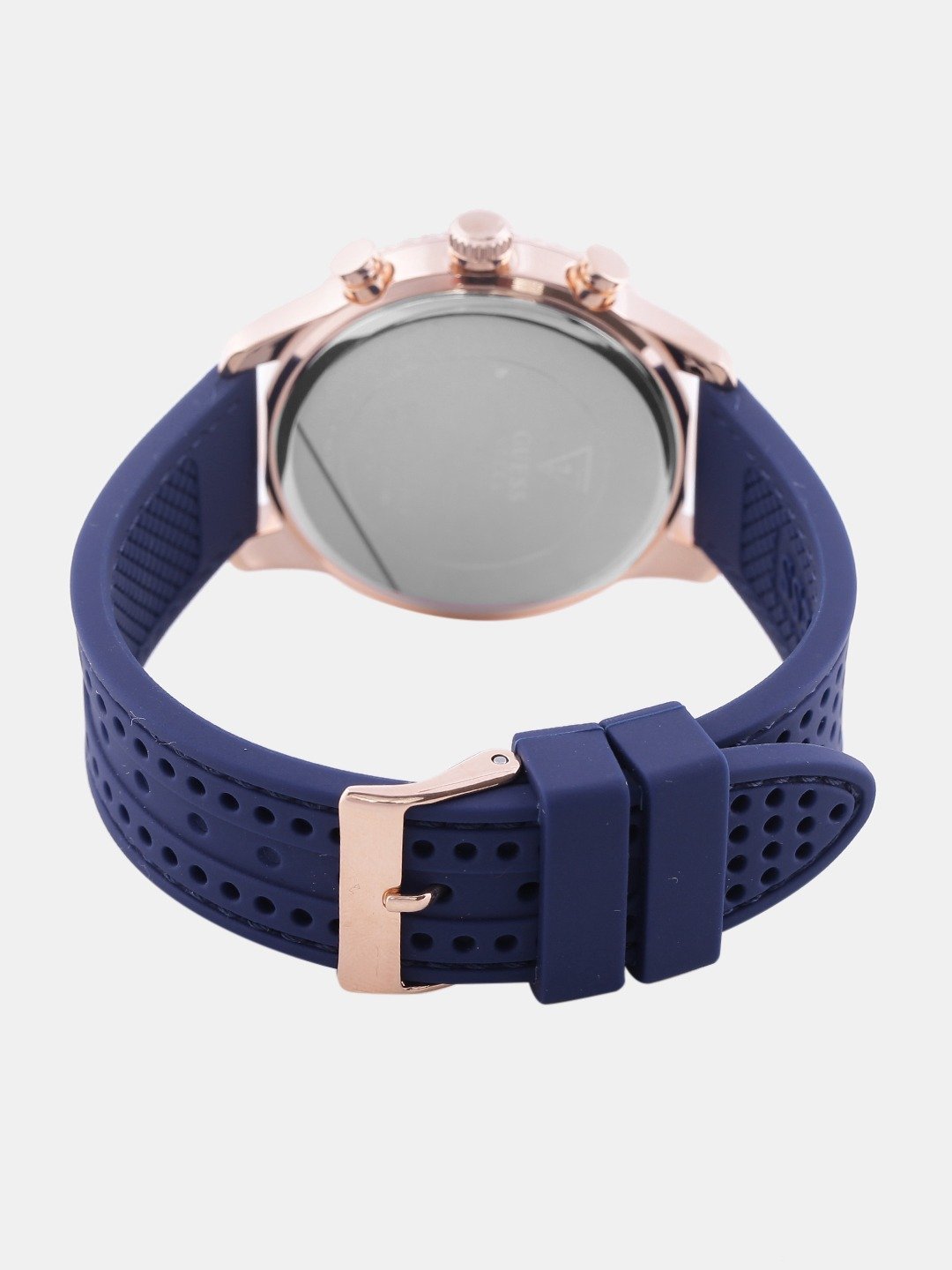 Caseback view of Guess W1025L4 watch with blue rubber strap and rose gold buckle