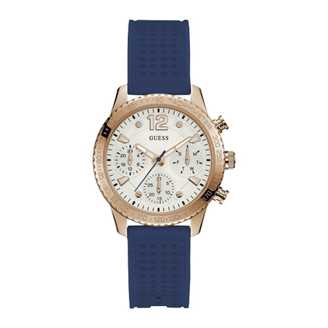 Guess W1025L4 white chronograph dial watch with rose gold case and blue rubber strap