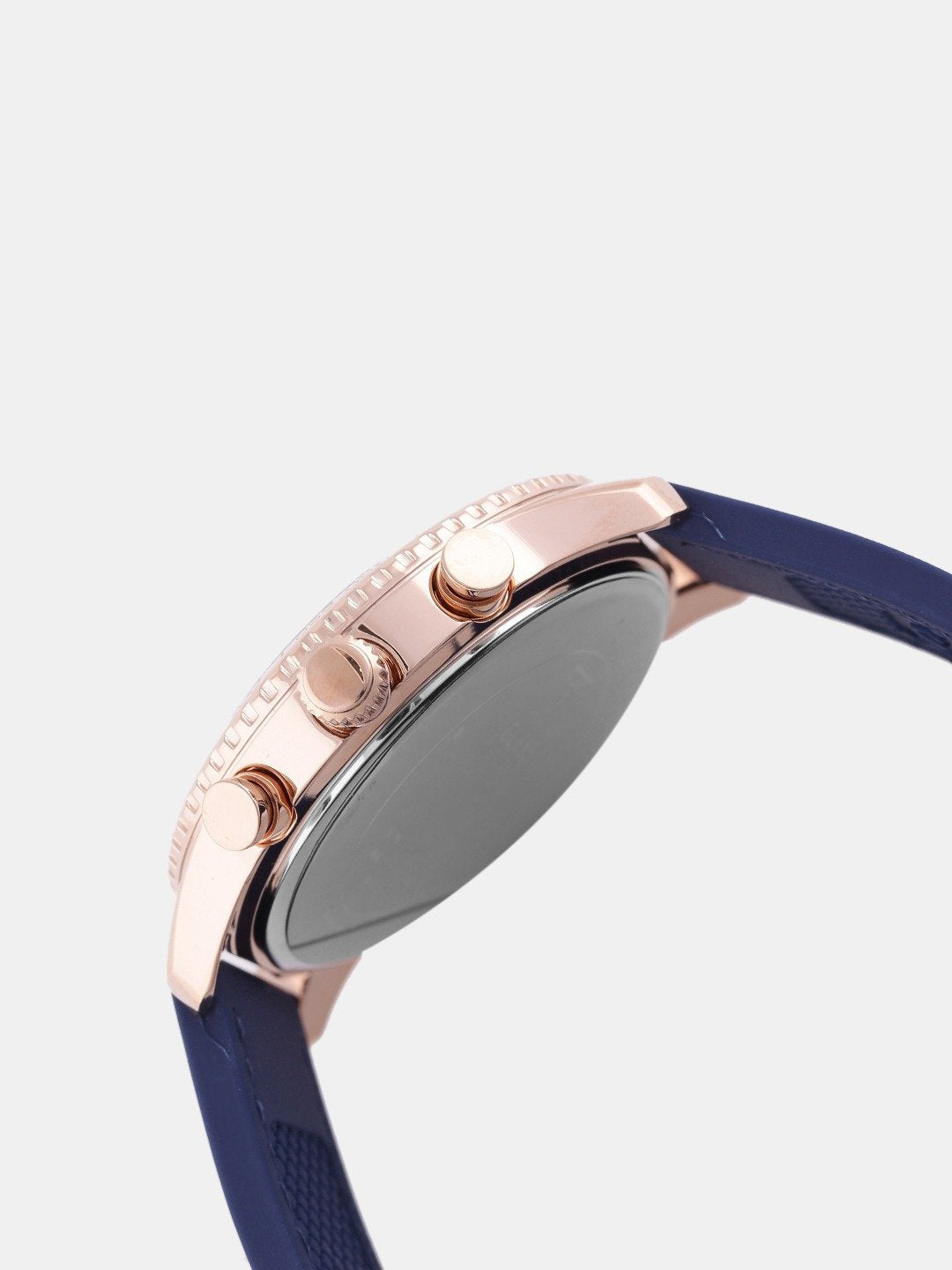 Side profile of Guess W1025L4 watch displaying rose gold case thickness and blue strap