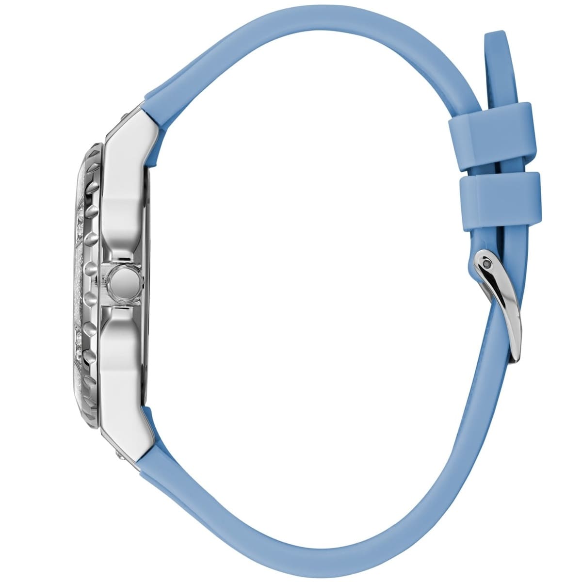 Side view of Guess watch showing silver case, crystal bezel, and blue rubber strap with buckle