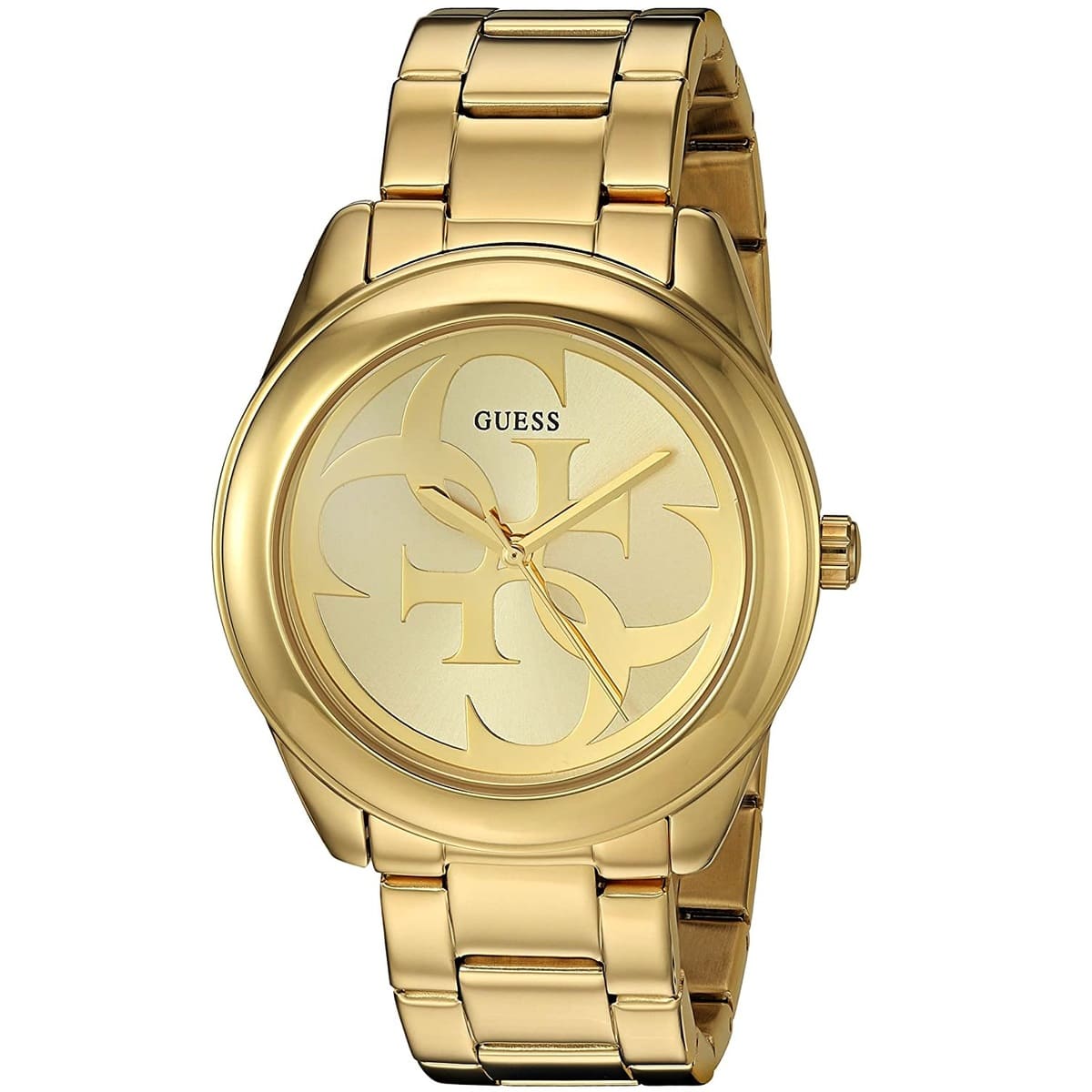 Guess W1082L2 women's gold watch angled view showing dial and bracelet