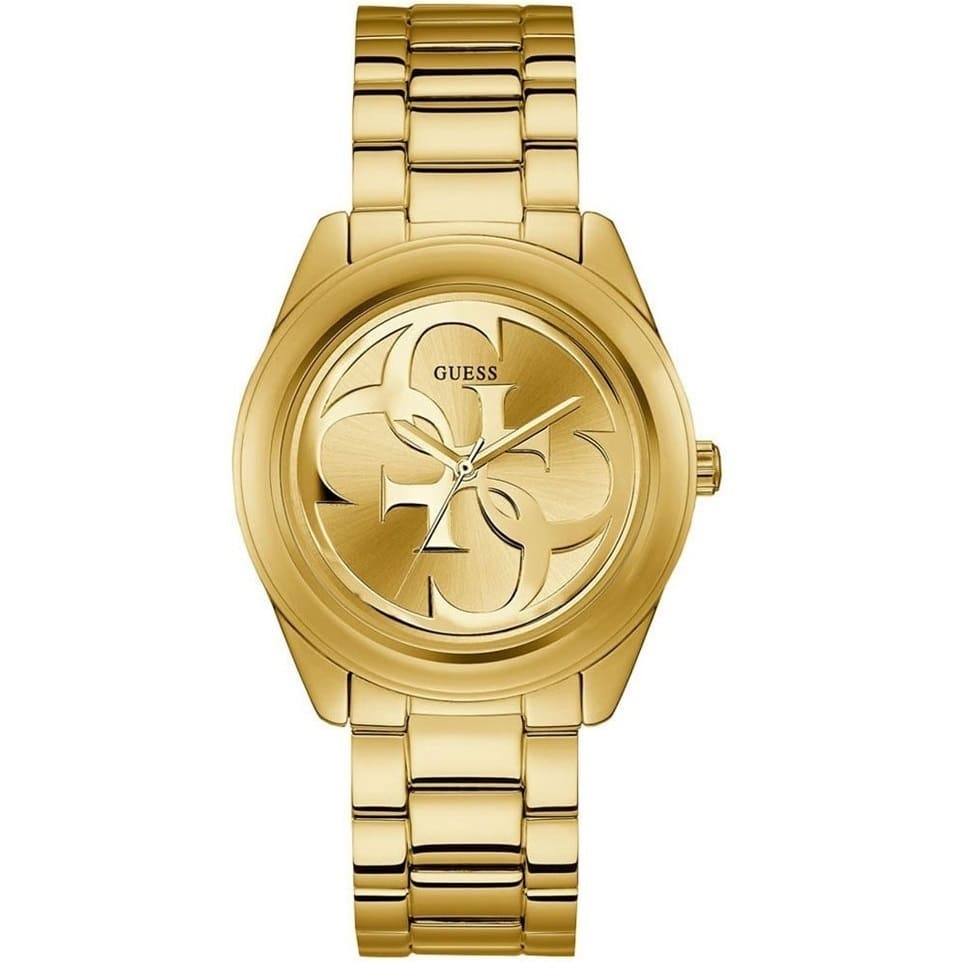 Guess W1082L2 gold watch with iconic G-Twist design on champagne dial