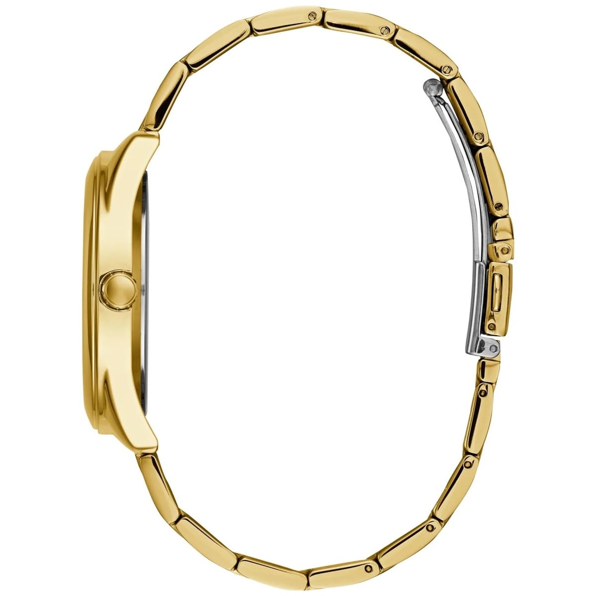 Guess W1082L2 gold bracelet watch shown from side with clasp visible