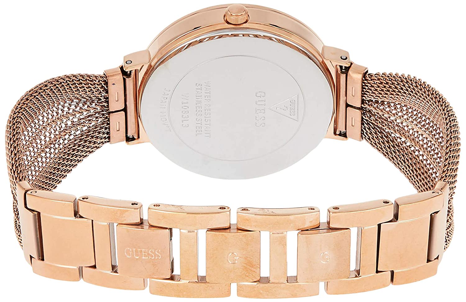 Guess W1083L3 watch caseback showing engraved text and mesh strap attachment