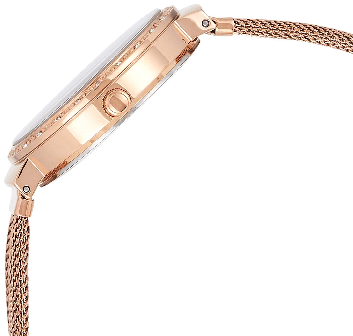 Guess W1083L3 rose gold watch side profile showing case thickness and mesh strap