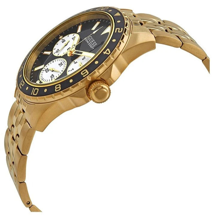 Guess W1107G4 watch at 45-degree angle showing gold case profile and black chronograph dial