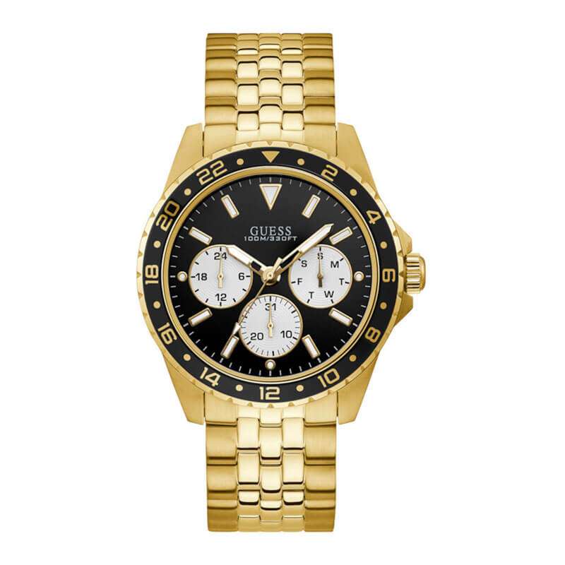 Guess W1107G4 multifunction watch with black dial, gold case and steel bracelet