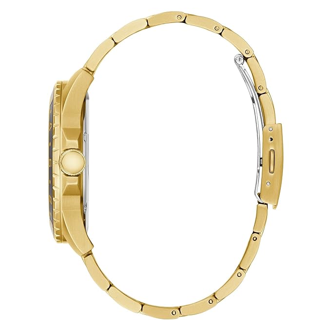 Guess W1107G4 watch side profile displaying gold steel bracelet and case thickness