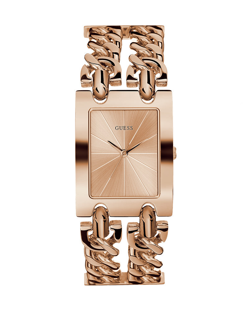 Guess rectangular rose gold women's watch with chain-link strap and sunburst dial