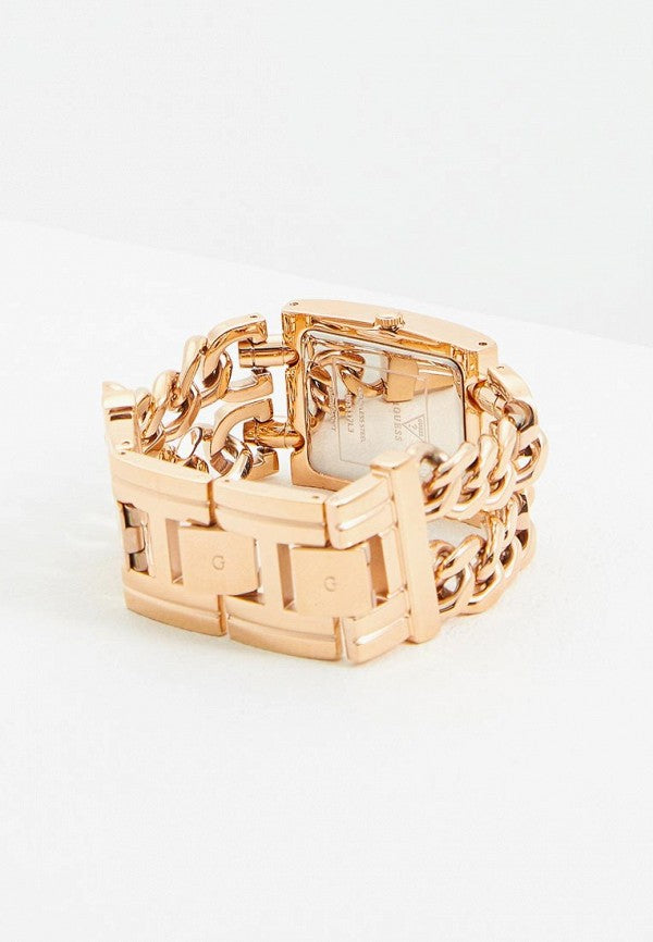 Side and caseback view of Guess rectangular rose gold women's watch W1117L3
