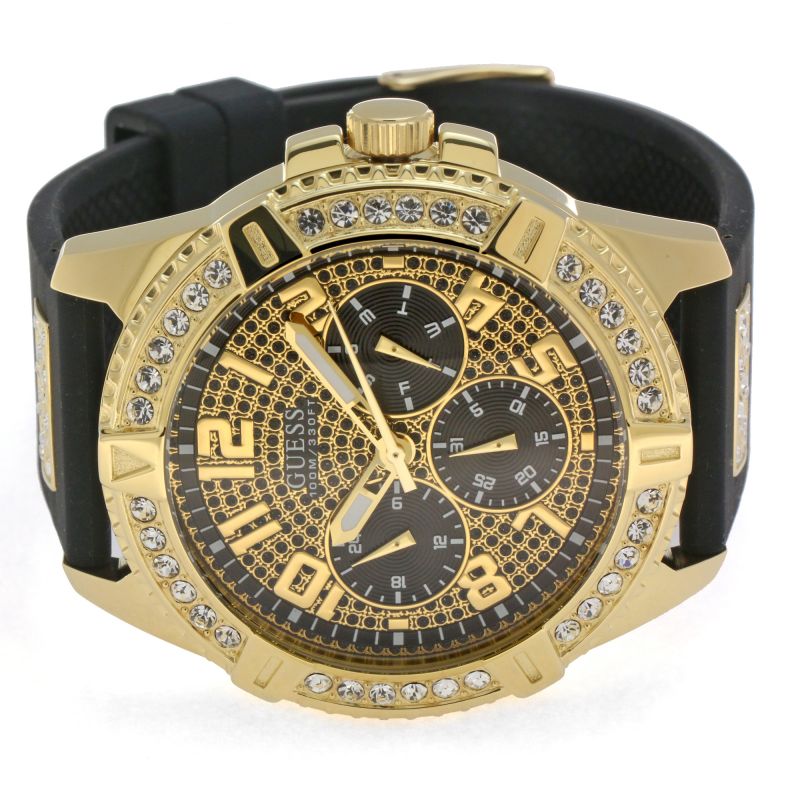 Gold chronograph watch with black dial and crystal bezel detail