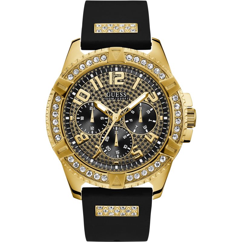 Guess W1132G1 gold chronograph watch with crystal-covered dial and black silicone strap