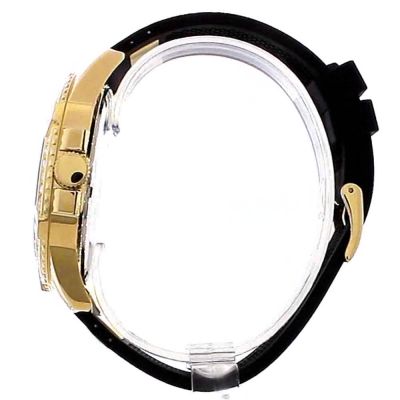 Side view of gold watch case with black silicone strap and band