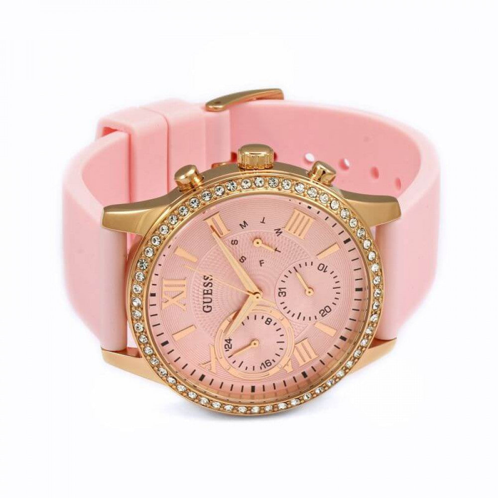 Pink silicone strap and rose gold chronograph watch case with diamond bezel detail
