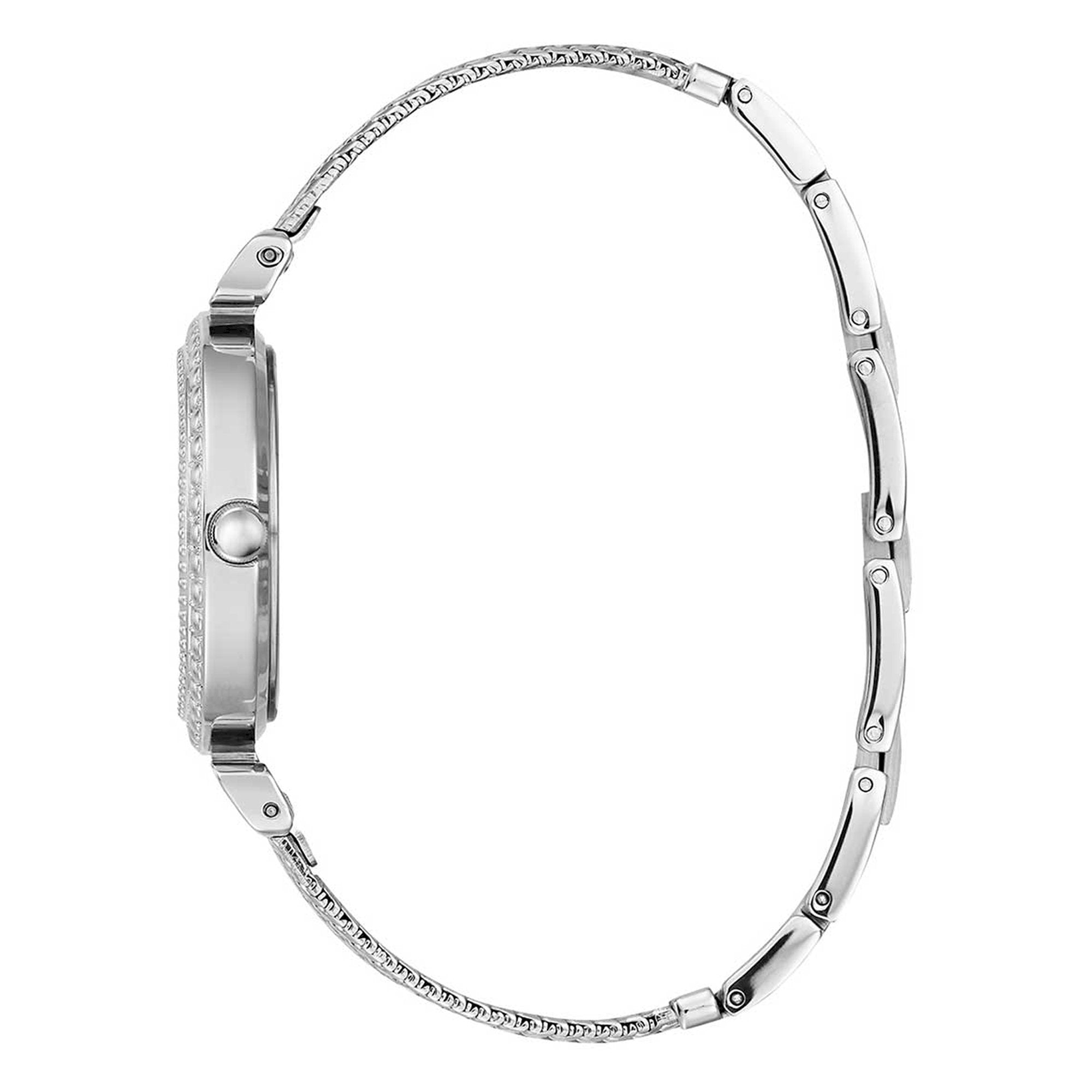 Side view of Guess women's watch with mesh bracelet and crystal-set case